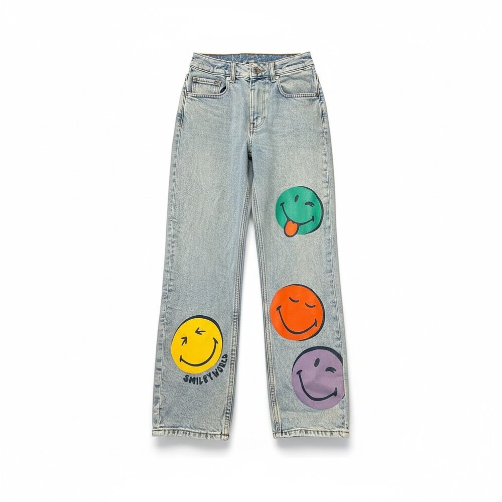 H&M x SmileyWorld Relaxed Straight Jeans | Light Wash Denim | Kids 9–10Y